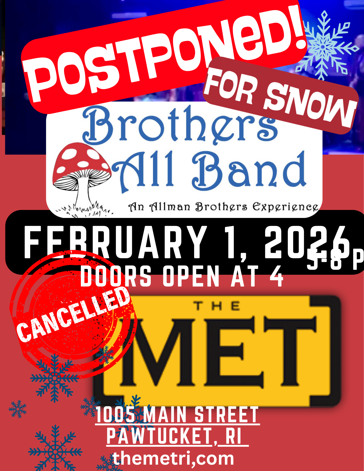 Show Rescheduled: BROTHERS ALL BAND – AN ALLMAN BROTHERS EXPERIENCE – New Date: Sunday, 2.22